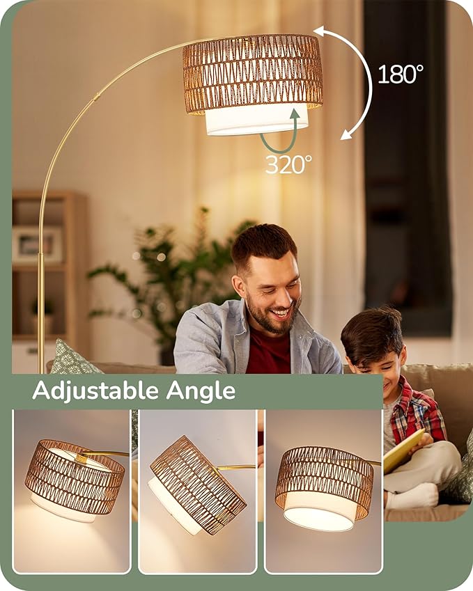 EDISHINE Gold Floor Lamps for Living Room, 76" Arc Floor Lamp with Remote & Dimmable Bulb, Boho Rattan Standing lamp with 5 Color Temperatures, Adjustable Tall Lamp for Bedroom, Office, Nursey