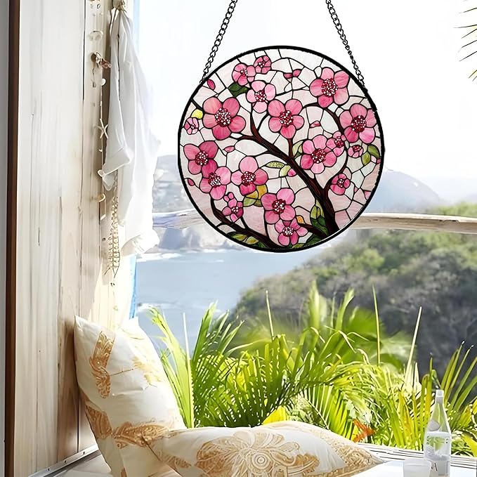 CRISGIF Stained Glass Window Hanging - Cherry Blossoms Birth Flower Suncatcher for Door Garden Patio Sun Catchers Decor Christmas Mother's Day Birthday Gifts for Women Mom Nana Friend Wife 9.8 in