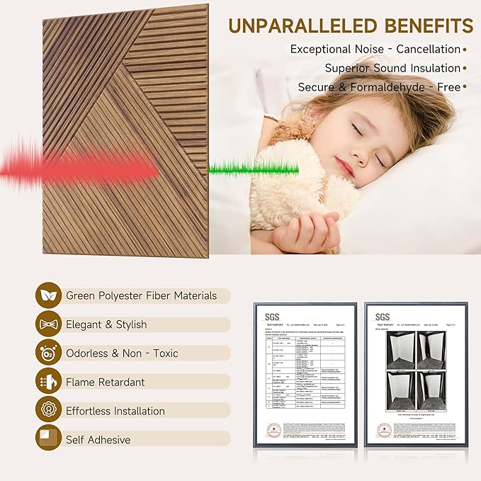 Autorific Acoustic Wall Panels,6 Pack Total Size 72 x 48 Inches,Self-Adhesive Decorative Acoustic Panels for Wall and Ceiling,3D UV Printing with Wood Look,Beech