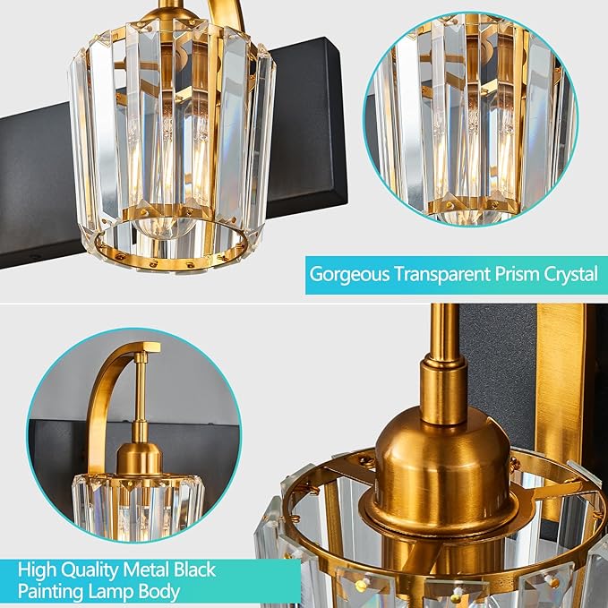 FDPBY Modern Bathroom Vanity Light, 2-Light Black Gold Wall Sconce with Crystal Accents, Over Mirror Bathroom Lighting Fixture, 13.77" Long Dimmable Vanity Lamp for Makeup, Easy Installation