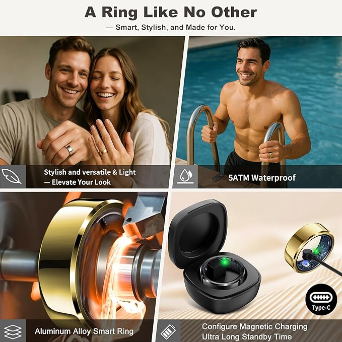 RIFESI Smart Ring for Women Men, Fashion Minimalist Fitness Ring & Sleep Tracker Ring with Heart Rate, Blood Pressure,5ATM Waterproof Health Ring,Gifts for Women Men Gift,No Subscription (9,Gold)