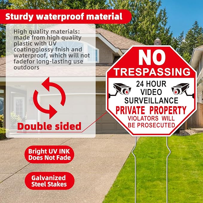 GXGGUS NO Trespassing Signs Private Property Video Surveillance Sign, 2-Pack 10"x10" Double-Sided Signs, Corrugated Plastic, Metal Stakes, Outdoor Yard Sign for Home and Front Door Land, and Garden, Lawn