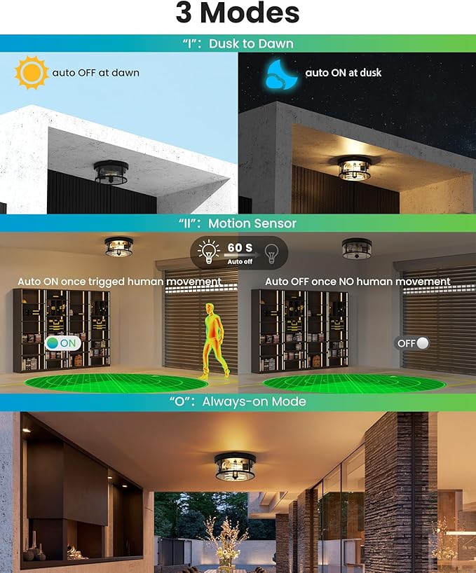 Outdoor Ceiling Light with Motion Sensor 9.3in - Porch Lights Outdoor, E26 Base, Flush Mount, 360° Detection, 3 Modes (Auto/Dusk to Dawn/Always-on), Farmhouse Ceiling Light for Porch, Entryway