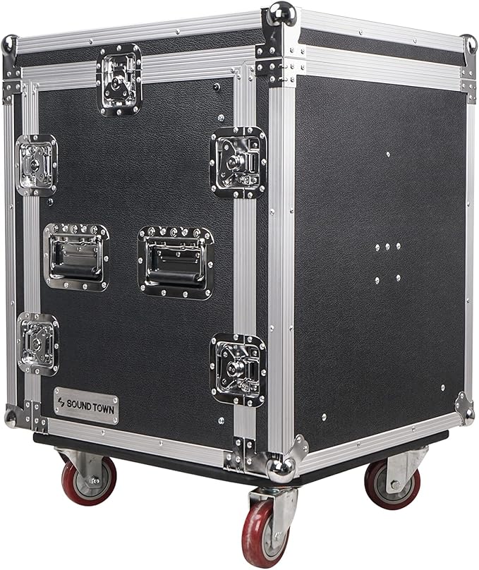 Sound Town Enhanced 1/2" (12mm) Plywood 12U PA DJ Rack/Road ATA Case with 11U Slant Mixer Top, 20’’ Rackable Depth and Casters, 12 Space Size, Pro Tour Grade (STMR-S12UW)