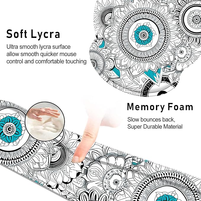 Keyboard Wrist Rest and Mouse Pad Wrist Support Set with Coasters,Non-Slip PU Base Ergonomic Gaming Mousepad for Home Office Working Studying Easy Typing & Pain Relief,Mandala Flowers