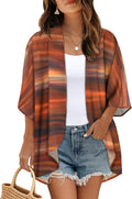 Women's Floral Print Puff Sleeve Kimono Cardigan Loose Cover Up Casual Blouse by CHICGAL