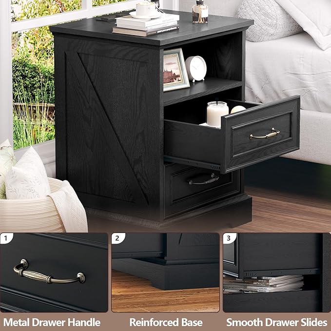 Nightstand with Charging Station,18" Wide End Table with 2 Large Drawers & Metal Handles,Rustic Farmhouse Wood Small Dresser,Bedside Table,Modern Chest of Drawers for Bedroom,Living Room,Black