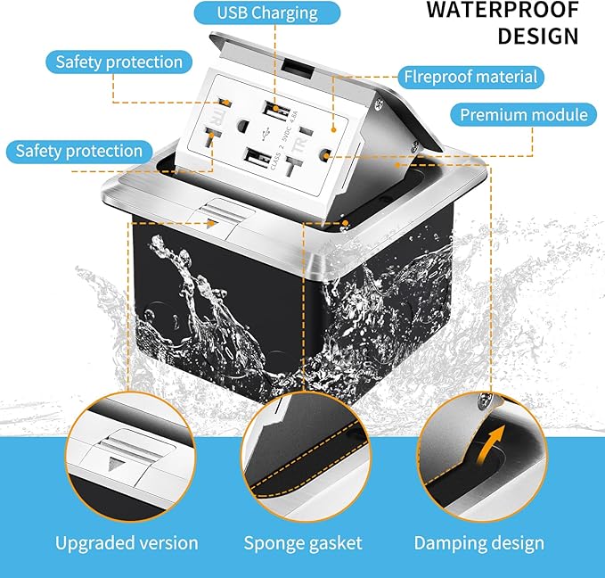 Vagueior Recessed Floor Electrical Outlet Kit,Waterproof Electrical Outlet Covcer Box,Hidden 4.8A USB+20A Tamper-Resistant Receptacle Outlet with Slow Elastic Damping ，ETL Certified,Silver (1 Pack)
