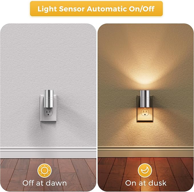 L LOHAS LED Night Light, Night Lights Plug into Wall, Smooth Silver Glossy Plating Metal-Shade Nightlights, Light Sensor, Soft White 3000K, Dimmable Nightlight Plug in for Hallway Bedroom,2 Pack