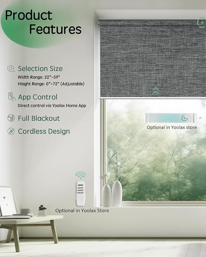 Yoolax Motorized Blinds App Control, Blackout Roller Shades for Windows, Cordless Automatic Shades Roller Window Blinds for Bedroom Living Room Office (Blackout Ashfall Gray, 23" W x 72" H)