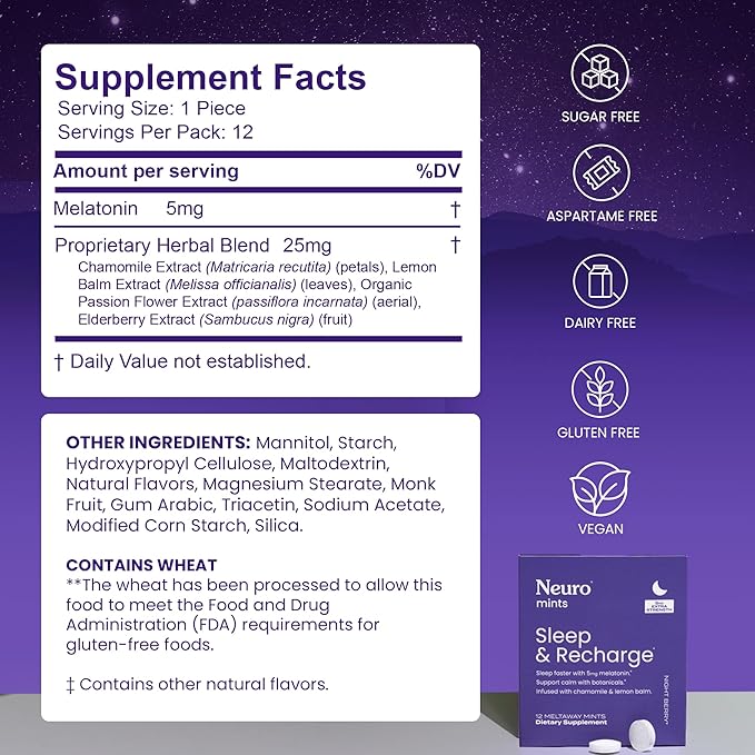 Neuro Sleep & Recharge Meltaway Mints - Contains Melatonin 5mg, Chamomile & Elderberry - Travel Aid for Nighttime Relaxation & Healthy Sleep Cycle - Night Berry 72, ct