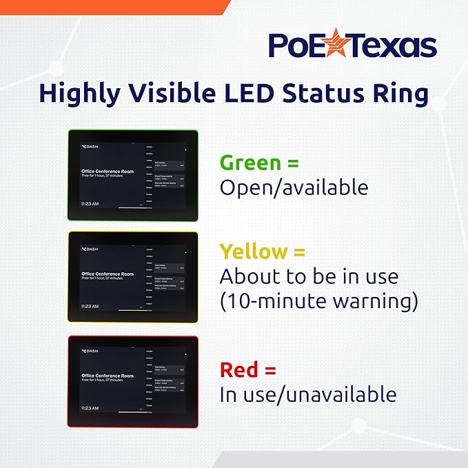 PoE Texas 8" Conference Room Scheduler with Color Changing LED Status - PoE Powered Touch Screen Tablet for Meeting Room Booking - Syncs with All Popular Business Calendars - No Subscription Required