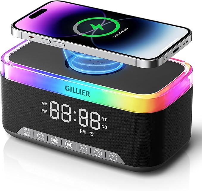 GILLIER Wireless Charging Alarm Clock Radio for Bedrooms – 15W Fast Wireless Charger Station for iPhone/Samsung, Bluetooth Stereo Speaker with FM Radio, Dimmable Display, USB Port, Sleep Timer, Black
