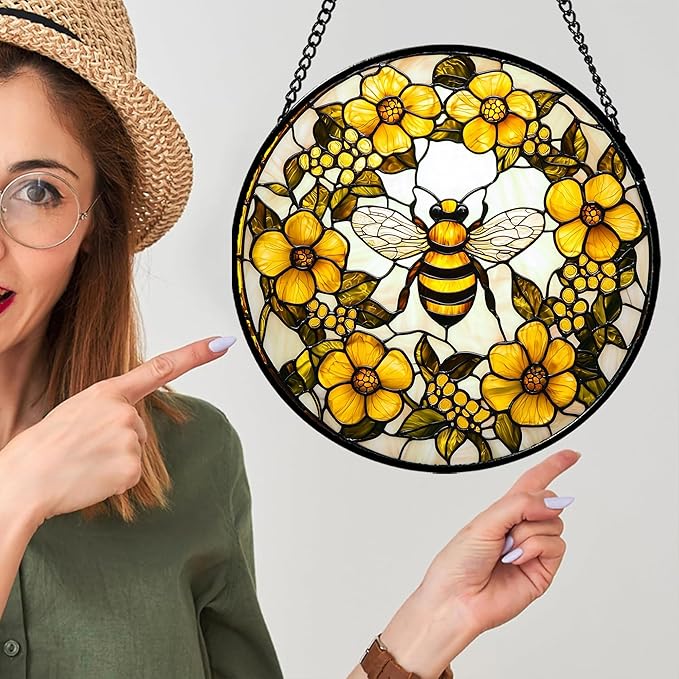 AMDERVEN Stained Glass Window Hanging - Yellow Flowers Surrounded by Bees Sun Catcher for Door Garden Home Decor Cute Suncatcher Christmas Mother's Day Birthday Gifts for Women Men Mom Nana 7.8 in