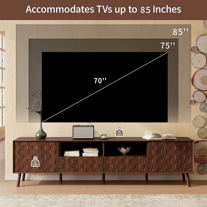 Virubi Mid-Century Modern TV Stand, Entertainment Center with 2 Doors,2 Drawers and Open Shelf, Media Console for TVs up to 80 Inch, Television Stands with Cable Management for Living Room