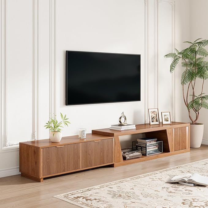 Epecoya Extendable TV Stand with Storage Cabinet Wooden, Mid Century Modern TV Stand with Adjustable Shelf and Drawers, Extra Long TV Stands for Living Room Fluted, Warm Brown Oak (64.57" W-98.43" W)