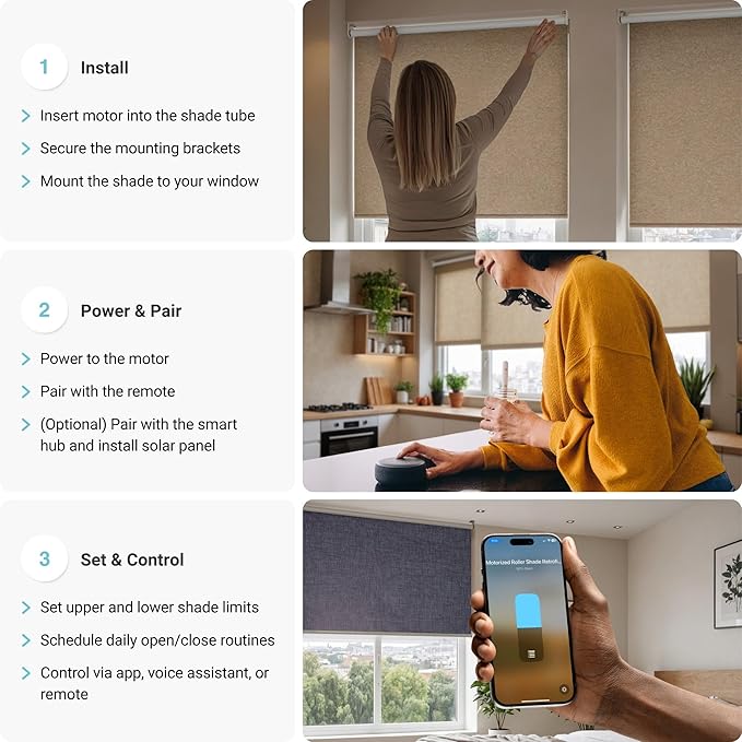 Progressive Automations Electric Roller Shade Motor Replacement Retrofit Kit - Pull Down Motorized Smart Blinds & Shades for Indoor Windows with Remote & Voice Control - Alexa & Google Home Compatible