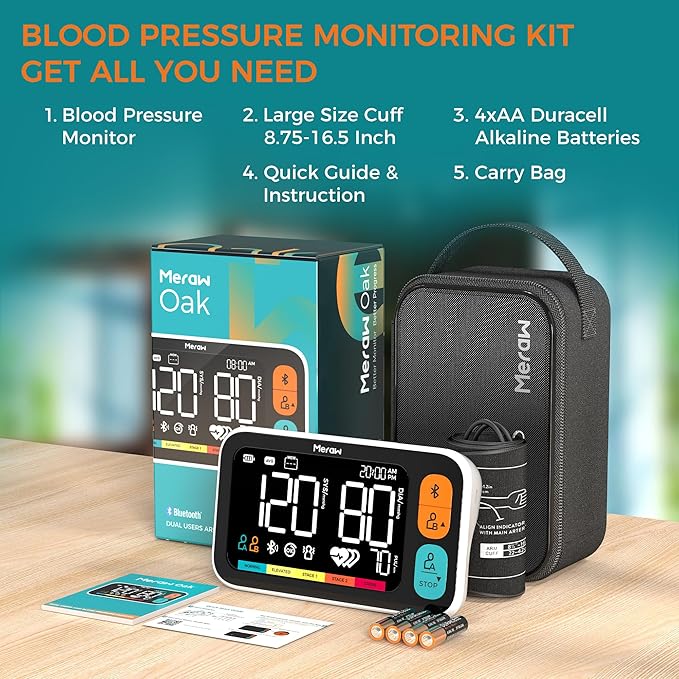Meraw Blood Pressure Cuff Automatic Arm, Blood Pressure Monitor Home Use, Blood Pressure Machine Large Arm 8.6-16.5" Dual Users Bluetooth APP High Accuracy Irregular Heartbeat Monitoring Bag