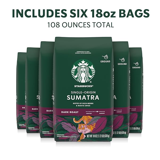 Starbucks Ground Coffee, Dark Roast Hot or Iced Coffee, Single-Origin Sumatra, Six 18 oz Bags