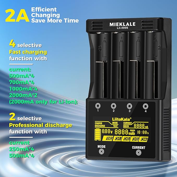 18650 Battery Charger, MIEKLALE 4-Bay Rechargeable Battery Charger with Smart LCD Display, Discharge & Testing Functions for Rechargeable Batteries Li-ion 26650 14500 17500 RCR123,Ni-MH/Cd AA AAA