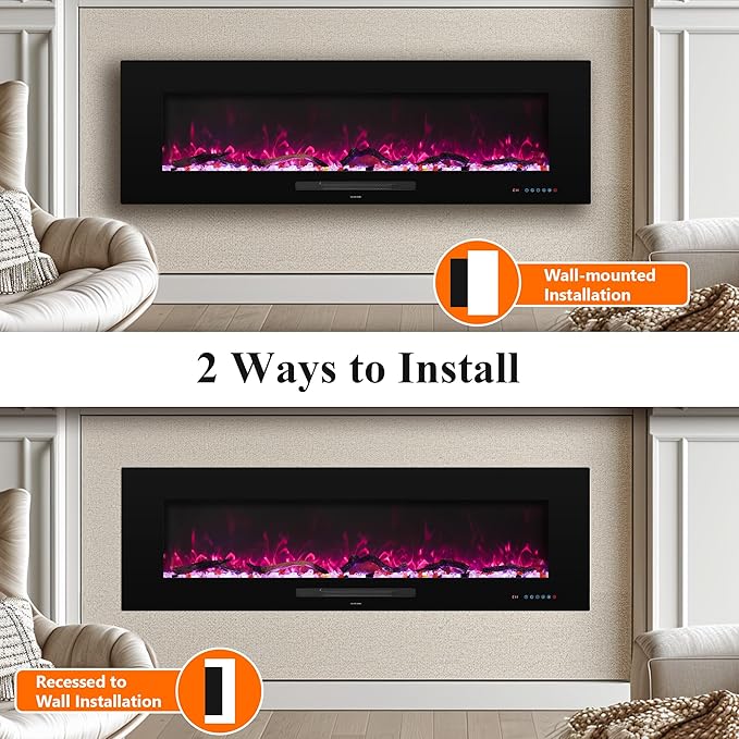 72" Electric Fireplace, Recessed & Wall Mounted Fireplace Heater 13 * 13 Colors Flame &Fuel Bed w/5 Dimmer, Touchscreen &Remote Control Temp, Overheating Protect, Hardwired, 1500W, Black