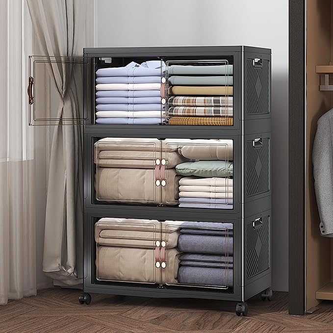Extra Large Stackable Storage Bins with Lids & Wheels, 165QT-55QT/14GAL*3Pack Foldable Collapsible Closet Organizers Dark Storage Cabinet with Doors for Bedroom Dorm
