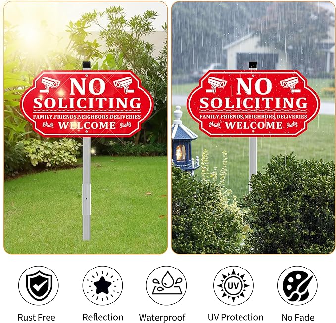 No Soliciting Sign for House, No Soliciting Signs for Front Door with Long Stake, Heavy Duty Aluminum Yard Signs UV Protected Weather Resistant and Easy Install for Lawns Garden (14x7 inches Red)