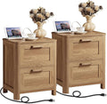 Joaxswe Farmhouse Nightstand Set of 2 with Charging Station, End Tables Bedroom with 2 Large Drawers & 4 Thickened Table Legs, Dark Wood