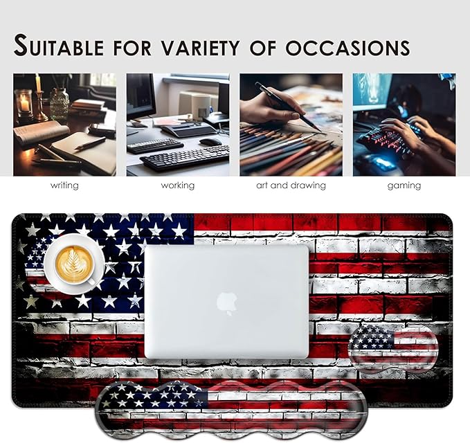 BFUKVOU Large Keyboard Mouse Pad Set, Extended Mouse Pad+Keyboard Wrist Rest Support, Memory Foam Ergonomic Easy Typing, 4Pcs (31.5×11.8 in) Desk Pad Set for Office Home,American Flag on Brick Wall