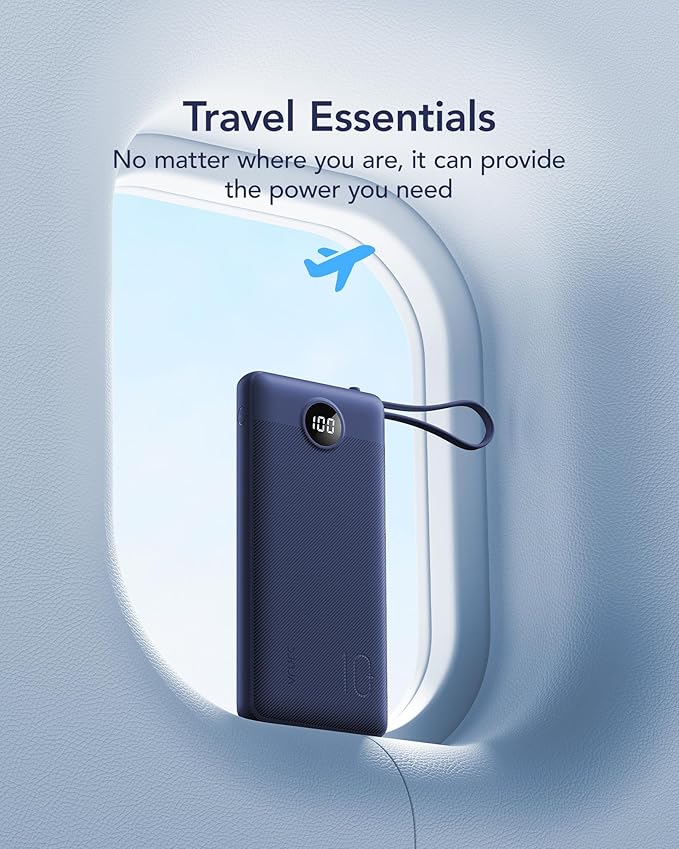 VRURC Portable Charger for iPhone, USB C Power Bank 10000mAh, Slim Travel Battery Pack with Built in Cables, 5 Outputs 2 Input Portable Phone Charger for iPhone 17 16 15 14 13, Samsung, Android-Navy