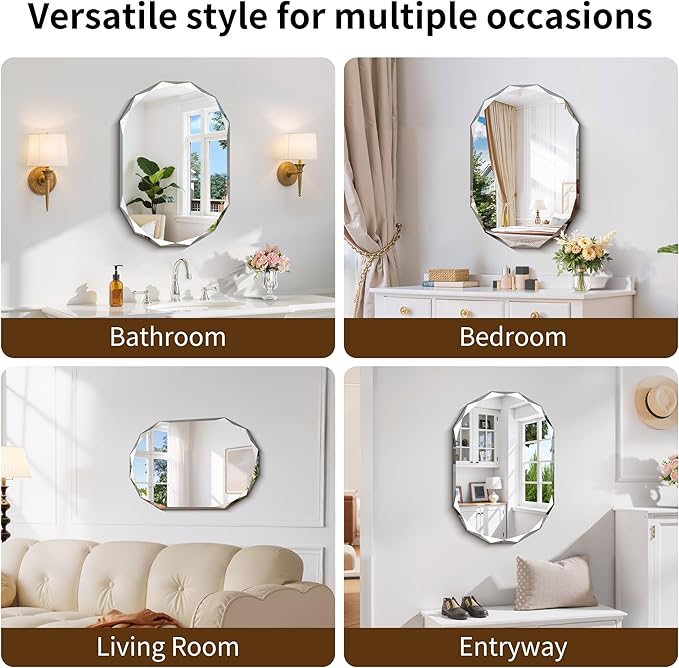 GLASHOM Beveled Edge Frameless Bathroom Mirror, Oval Wall Mirror for Over Sink, 16" x 24" Modern Decorative Vanity Mirror for Bedroom, Living Room, Entryway, Hanging Mirror Horizontal or Vertical