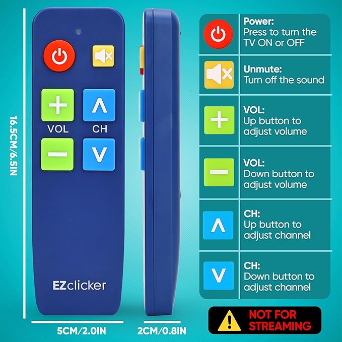 EZclicker TV Remote for Seniors, Extra Simple Big Button Remote (Blue) Works with Major TV Brands, NOT for Streaming (2xAAA Batteries Not Included)