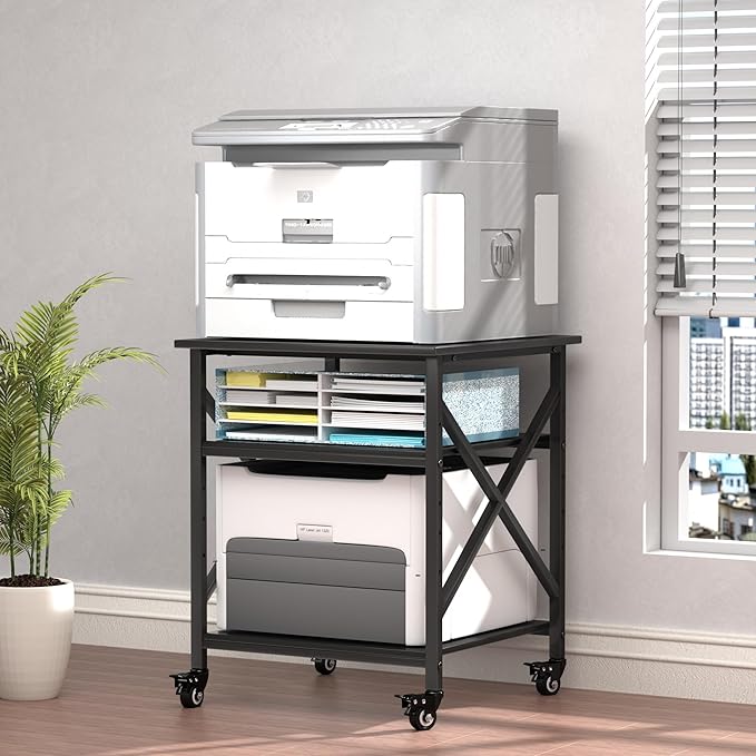 Printer Stand, 23.6 x 23.6 Inches Large Printer Stand with Adjustable Storage Shelf, 3 Tier Printer Table for Home Office, Rolling Printer Cart with Industrial Wheels, Mini Fridge Stand Table, Black