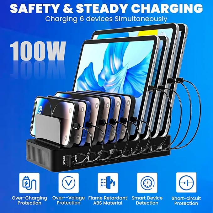 RISWOJOR Charging Station for Multiple Devices, 100W 10 Ports Charging Dock with 10 Cables Smart IC Tech and Adjustable Dividers Type-C，Multi USB Charger for iPhone Galaxy iPad Tablet，Black