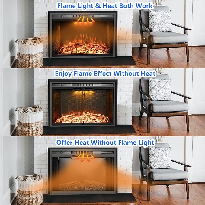 29 Inches Electric Fireplace Insert, 750W/1500W Fireplace Heater with Adjustable Flame and Top Light Colors, Fire Crackling Sound, Remote Control, Timer, Glass Door & Mesh Screen, Black