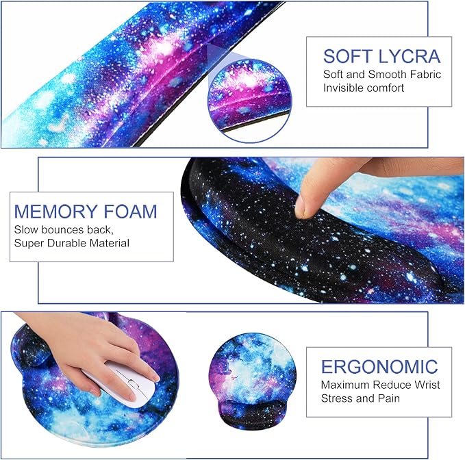 Mouse Pad Keyboard Wrist Rest, Gel Non Slip Rubber Wrist Support Rest Mouse Pad for Home Office, Computer, Laptop, Typist, Gamer, Soft Cushion Mousepad with Memory Foam Ergonomic Nebula Galaxy