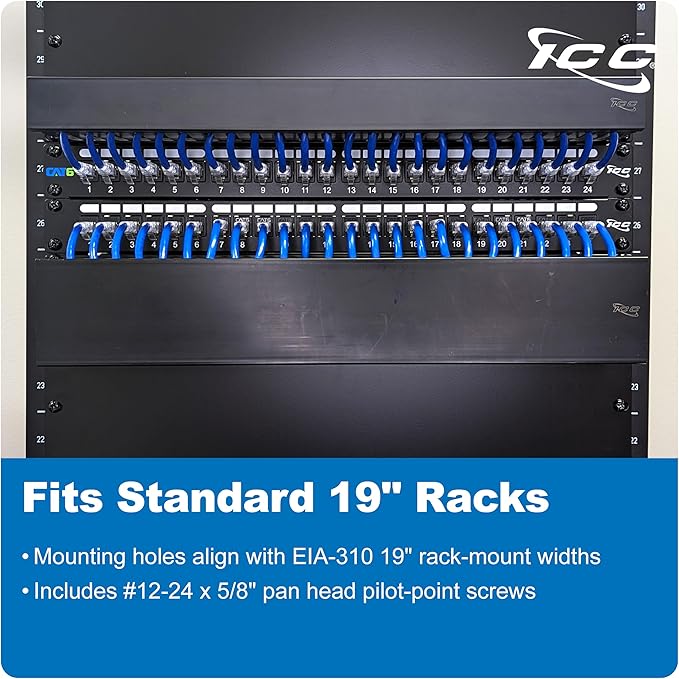 ICC 2U Finger Duct Cable Manager Panel with Cover, Plastic with Metal Back Frame, 3" Depth, Horizontal Cable Management, Rackmount for 19” Network Racks, Black, 6-Pack