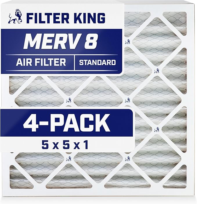 Filter King 5x5x1 Air Filter | 4-PACK | MERV 8 HVAC Pleated A/C Furnace Filters | MADE IN USA | Actual Size: 5 x 5 x .75"