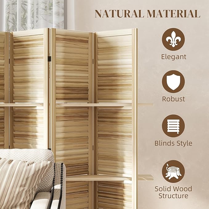 HOMCOM Room Divider, 5 Panel 67" Tall Wood Privacy Screen with 3 Display Shelves, and Folding Storage for Bedroom or Home Office, Natural Wood