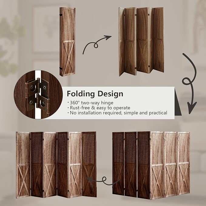 ALeesing 6 Panel Pegboard Room Divider, 5.6Ft Pegboard Display Folding Privacy Screens, Wood Room Divider Peg Board Display Freestanding for Trade Show Craft Show Home Wall Organizer, Brown