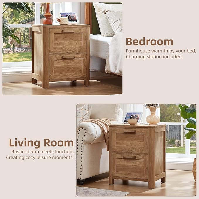 Joaxswe Farmhouse Nightstand with Charging Station, End Tables Bedroom with 2 Large Drawers & 4 Thickened Table Legs, Dark Wood