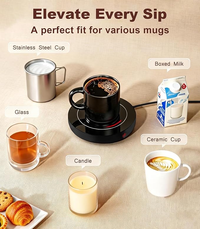Kepwam Coffee Mug Warmer for Desk, 3-Temp Fast Heating Cup Warmer with 6H Auto Shut Off, LED Light & Smart Candle Warmer for All Beverages, Ideal Gifts for Women Men