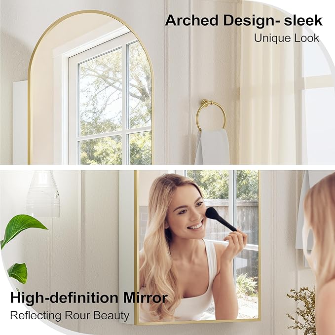 Arched Medicine Cabinet with Mirror,Brushed Gold Medicine Cabinet with Storage ,Gold Bathroom Vanity Mirror Cabinet ,Wall Mounted Only,Mirrored Medicine Cabinets for Bathroom, Laundry Room,16x32 Inch