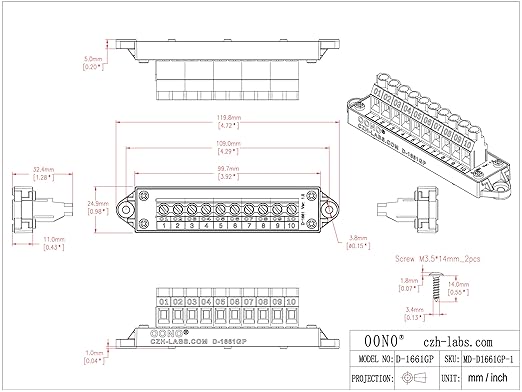 30Amp 300V 1x10 Position Terminal Block Distribution Module. OONO D-1661GP