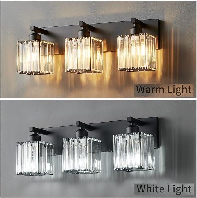 FDPBY Modern Bathroom Vanity Light 3-Lights Modern Black Crystal Wall Light Bathroom Vanity Light Fixtures