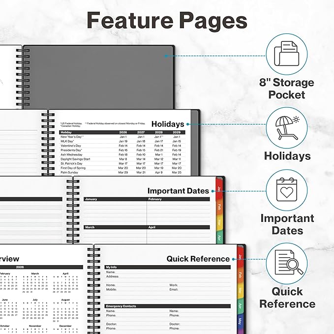 Dunwell 2026 Planner Book 8.5x11, Weekly Monthly Calendar, Jan to Dec, Large Daily Organizer with Colorful Tabs, Bookmark, Notes Section & Stickers
