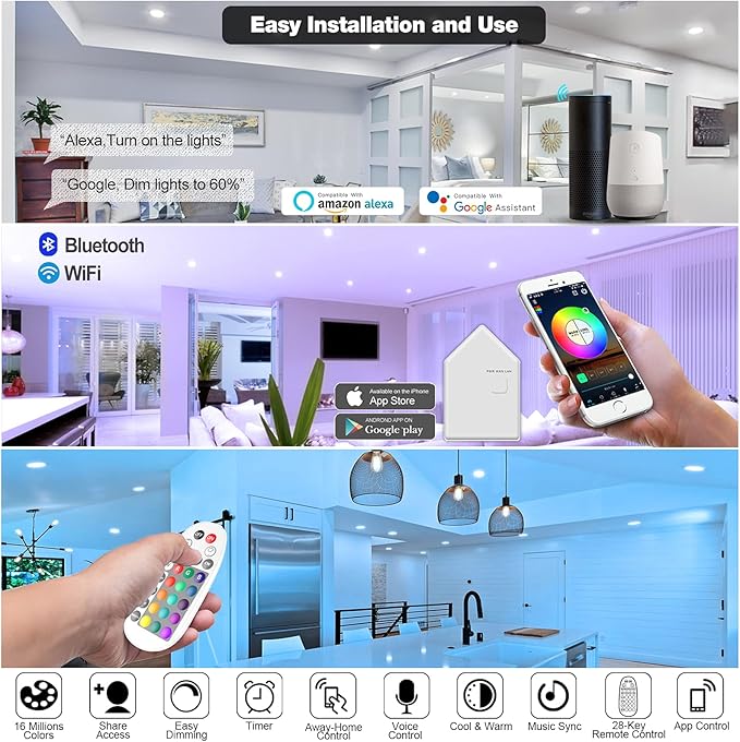 VANANCE 3" Smart Recessed Light 12Pack, Compatible with Alexa Google Home, WiFi & Bluetooth, RGBCW, 2700K~6500K CCT Selectable, Dimmeble, Multicolor, 3 Inch Remote Control Can-Killer LED Downlight