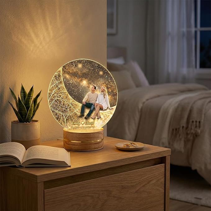 MamaEra Valentine’s Day Gift 2026 - Personalized Map Night Light with Photo & Coordinates – Custom Acrylic Moon Lamp with Wooden Base, Remote Control – Romantic Gift for Couples, Anniversary