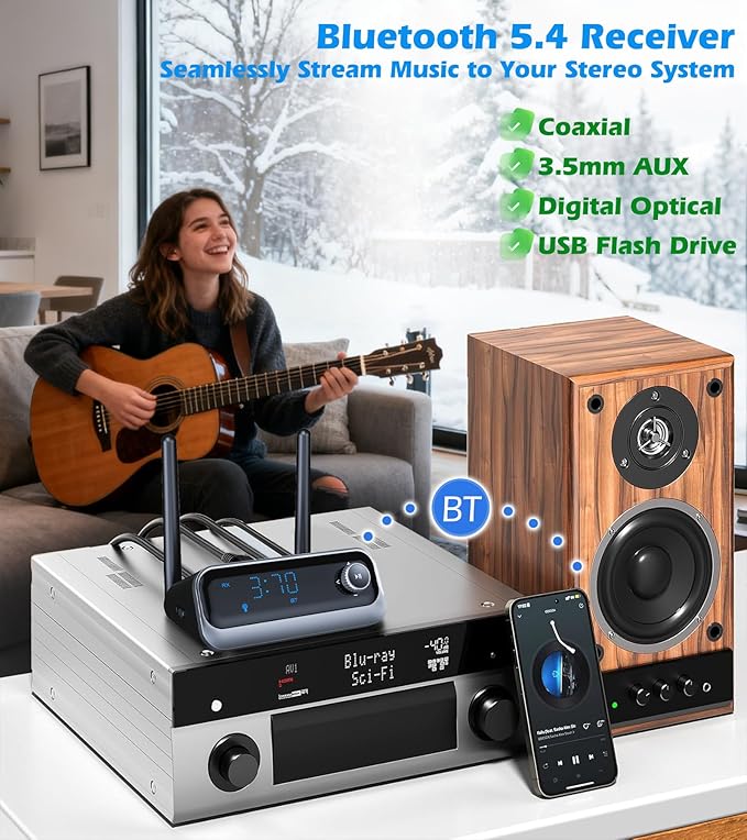 Bluetooth Receiver for Home Stereo, Bluetooth Adapter for Old Receiver Optical/AUX/Coaxial Low Latency & Volume Control, Wireless Audio Receivers for Wired Speakers Support USB Drive KAIY
