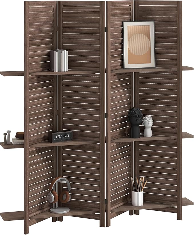 HOMCOM Room Divider, 4 Panel 67" Tall Wood Privacy Screen with 3 Display Shelves, and Folding Storage for Bedroom or Home Office, Walnut